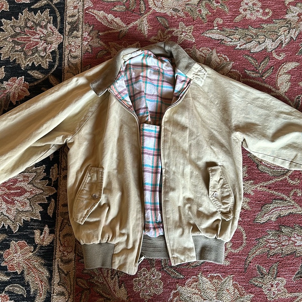 vintage tan bomber jacket w/ plaid inside :)